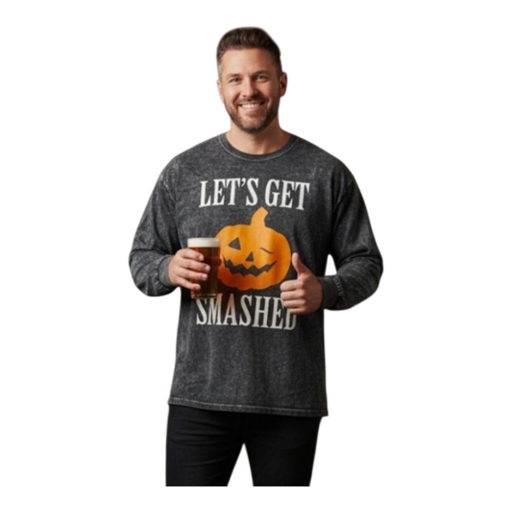 Halloween Let's Get Smashed Pumpkin Long Sleeve Tee Acid Wash Black XXL Unisex